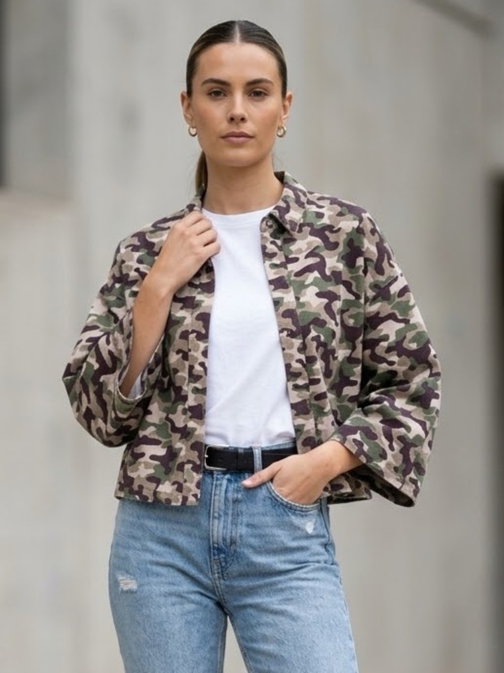 Zara Multicolor Bell-Sleeve Camo Print Jacket L Boxy Shirt